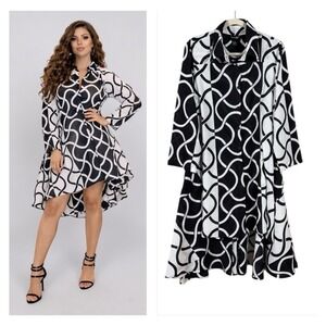 Womens Asymmetric Maxi Shirt Dress Size XL Artsy Statement Event Black White